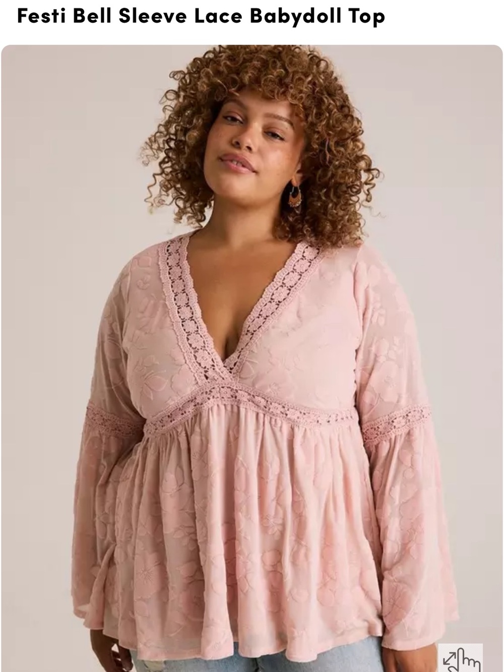 FESTI Floral Lace Flocked V-Neck Long Bell Sleeve Babydoll Tunic 3X Boho Cottage